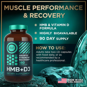 WILD FUEL 3,000Mg HMB Supplement plus Vitamin D3 - Muscle Growth, Strength, Fast Workout Recovery HMB Supplements for Men and Women - Calcium Beta-Hydroxy Beta-Methylbutyrate - 180 Capsules