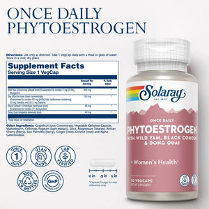 SOLARAY Once Daily Phytoestrogen - Phyto Estrogen Supplement for Women with Black Cohosh, Dong Quai, Wild Yam, Soy Isoflavones - Women'S Health Support - 60-Day Guarantee, 30 Servings, 30 Vegcaps