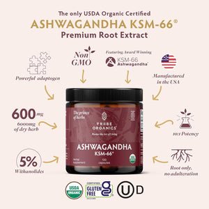 TRIBE ORGANICS Ashwagandha KSM 66 Pure Organic Root Powder Extract Ayurvedic Supplement - Focus, Mood Support, Increase Energy, Strength, 600Mg of Natural KSM66 for Superior Absorption - 120 Capsules