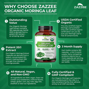 Zazzee USDA Organic Moringa Leaf 20:1 Extract, 180 Vegan Capsules, 3 Month Supply, Certified Kosher, Moringa Oleifera, Antioxidant, Immune & Cellular Support, Superfood Supplement, Made in the USA