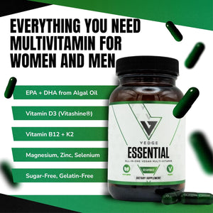 VEDGE Vegan Omega 3 Multivitamin for Women and Men – Plant-Based Algal EPA & DHA + Vitamin B12, Vitamin D, K2, Magnesium, Zinc & Selenium – 30-Day Supply – Non-Gmo, Gluten Free, Made in USA