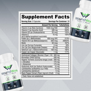 Free Life Labs Woundworx Nutrition-Scar and Surgery Support, Wound Care, General and Plastic Surgery, Faster Healing W/Vitamins, Amino Acids, Collagen, Probiotics, Turmeric, Bromelain-90 Caps