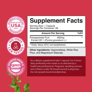 Advanced Pomegranate Extract Capsules - Powerful Antioxidant & Healthy Heart Support - Easy to Swallow Pomegranate Supplement - Superfood for Energy & Gut Health Support - Third Party Tested - 60 Ct