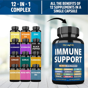 Strongvit Immune Support Supplement 12 in 1 Complex with Vitamin C, D3, Zinc, Echinacea, Elderberry, Ginger, Turmeric. Immune Defend for Men & Women, Non-Gmo, Gluten-Free, Vegan, USA