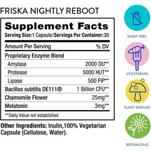 Friska Nightly Reboot - Nighttime Digestive Enzymes, Probiotic for Gut Balance & Bloating Support, with Melatonin & Chamomile to Promote Relaxation & Sleep, 30 Capsules