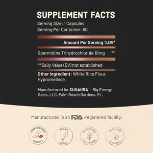 SUNAURA Spermidine Supplement 10 Mg (Spermidine 3Hcl) – High Potency Autophagy & Cellular Renewal Support – Longevity, Energy & Focus – Non-Gmo, Gluten-Free, 60 Capsules