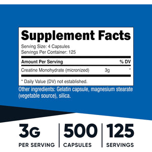 Nutricost Micronized Creatine Monohydrate 3,000Mg 500 Capsules, 125 Servings, 750Mg of Creatine Monohydrate per Capsule
