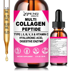 Multi Collagen Peptides Liquid Drops for Women & Men, Hydrolyzed Collagen Peptides Type (I, II, III, V, X)Proteins Complex W. Hyaluronic Acid, Biotin & Vitamin C, Support Hair Skin Joint & Gut Health