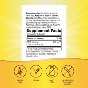 Nature'S Way GABA, Gamma-Aminobutyric Acid, Supports Brain Health*, 250 Mg per Serving, 60 Vegan Capsules (Packaging May Vary)