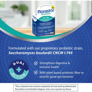 Florastor Advanced Pro+Pre Daily Probiotic and Prebiotic Supplement for Women and Men, Boosts Good Bacteria, Saccharomyces Boulardii CNCM I-745 (30 Capsules) (Pack of 1)