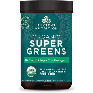 Ancient Nutrition Super Greens Powder, Organic Superfood Powder with Probiotics Made with Spirulina, Chlorella, Matcha, and Digestive Enzymes, 25 Servings, 7.05Oz