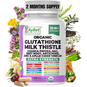 Glutathione NAC Milk Thistle Supplement | Liver Health Support | 32-In-1 Herbal Antioxidant Formula with Chanca Piedra, Turmeric, Dandelion Root, Beet Root & Zinc | Halal Vegan Organic Daily Wellness