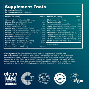 Puori Vegan Multi-Vitamin & Mineral Complex for Men & Women - Blended Multivitamins with 13 Essential Vitamins & 9 Minerals for Overall Health, Nervous & Immune System Support - 60 Capsules