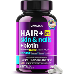 Biotin | Collagen | Keratin Booster with Hyaluronic Acid - Thicker Hair Growth, Healthy Skin & Stronger Nails Supplement – Extra Strength - Multi Vitamin B Complex - Women & Men - Made in USA - 60Ct