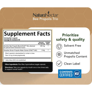 Naturanectar - Bee Propolis Trio Capsules, NSF Certified Premium Brazilian Propolis - Gluten-Free Supplements with More Diverse Flavonoids & PWE - Naturally Sourced through Ethical Beekeeping (60Pcs.)