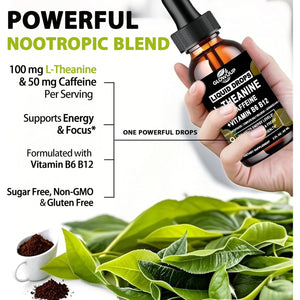 L-Theanine Supplement with Caffeine, Organic Liquid Caffeine 50Mg W. L-Theanine 100Mg, Vitamin B12 B6 for Focused Energy, Alertness & Recess Mood, Nootropic Brain Drops for Women & Men丨30 Days Supply