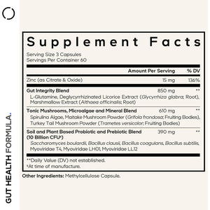 Codeage Gut Health Supplements Vegan Formula - L Glutamine, Zinc, Turkey Tail Mushroom Powder, Tonic Mushroom, Maitake, Micro Algae, Mineral, Licorice Root DGL - Probiotics, Prebiotics - 180 Capsules