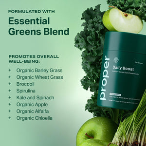 Proper, the Greens Daily Boost Organic Greens Powder. Whole Food, Apple Flavour Veggie Powder Superfood with Wheatgrass, Spirulina, Chlorella, Probiotics. Daily Drink Mix for Wellness and Digestion