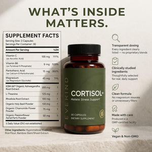 EVEKIND Cortisol Supplement for Women | Stress Support for Mood, Energy & Hormone Balance | Calm, Focus & Daily Reset | Adaptogen Blend with KSM-66® Ashwagandha, Rhodiola, L-Theanine | 60 Capsules