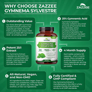 Zazzee USDA Organic Gymnema Sylvestre 25:1 Extract, 25% Gymnemic Acid, 120 Vegan Capsules, 4 Month Supply, All-Natural Botanical Support, Concentrated 25X Extract, Non-Gmo, Made in the USA
