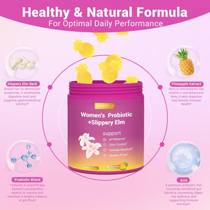 Her Juicy Feminine Probiotics Gummies for Women, with Slippery Elm, Supports Ph Balance, Gut Health & Immune System, Vegan, Gluten Free, Pineapple Flavor, 60 Count
