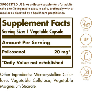 Solgar Policosanol 20 Mg, 100 Vegetable Capsules - Supports Heart Health - General Wellness - Vegan, Gluten Free, Dairy Free, Kosher - 100 Servings