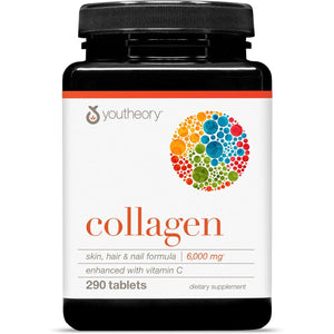 Youtheory Advanced Collagen - 6,000 Mg Hydrolyzed Collagen Peptides - Includes Antioxidants & Contains Vitamin C - Hair Growth, Nails, Joint Health & Bone Support* - 290 Tablets (48-Day Supply)