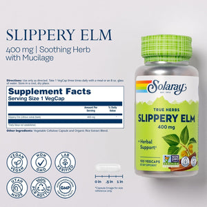 SOLARAY Slippery Elm Bark Capsules (Ulmus Rubra) 400 Mg - Soothing Herbal Support with Mucilage - Vegan, Lab Verified, 60-Day Money Back Guarantee - 100 Servings, 100 Vegcaps