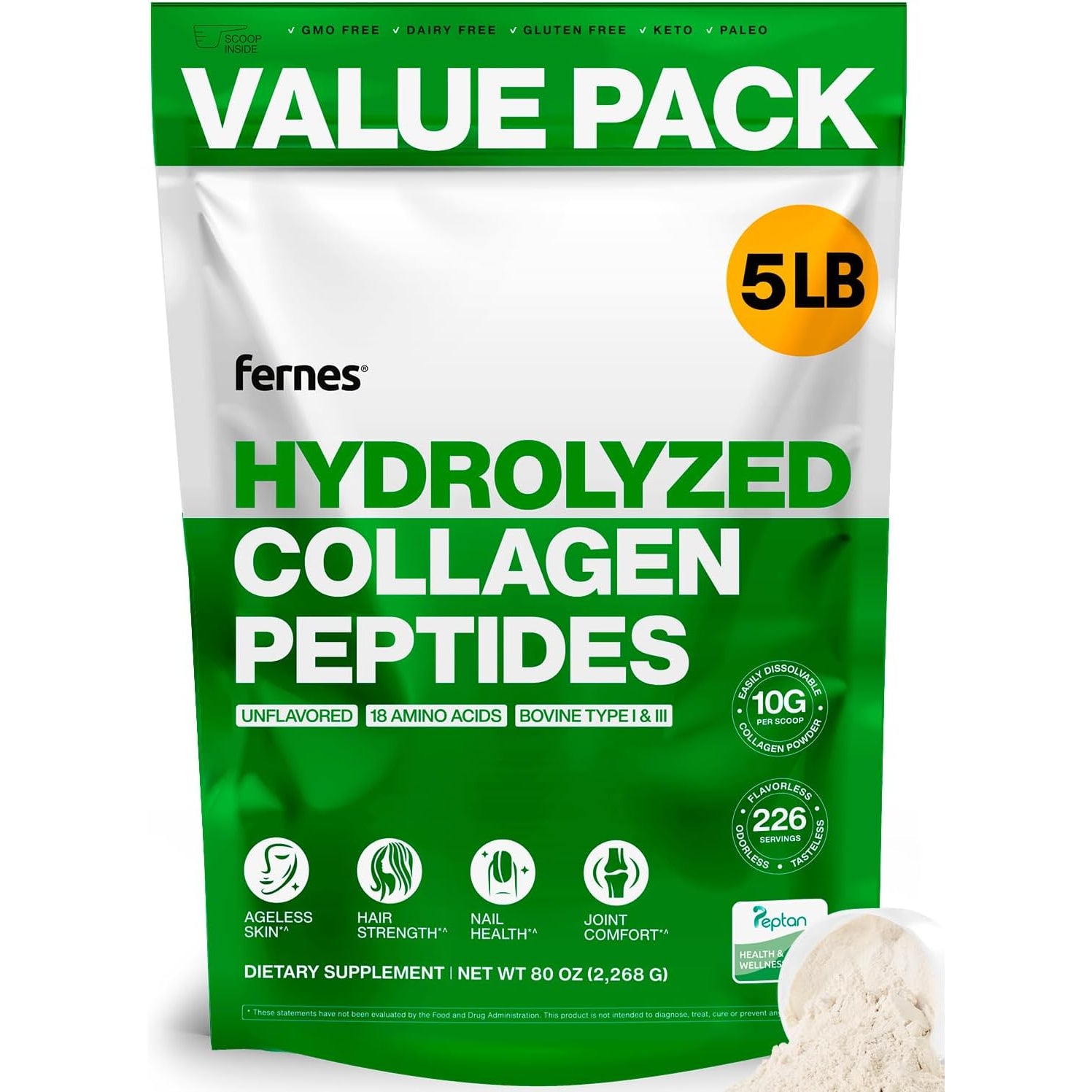Collagen Powder for Women Men (5LB) Type I & III Flavorless & Odorless Easy-Mix Hydrolyzed Peptan Protein Peptides Joint Hair Skin & Nail Support Gluten-Free Non-Gmo Keto Paleo Grass-Fed Kosher