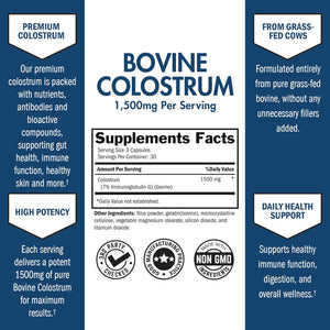 Colostrum Supplement Extra Strength 1500Mg per Serving - Grass Fed Colostrum Capsules from Bovine First Milking, Supports Gut Health and Immunity for Women and Men - Non-Gmo, Gluten Free, 90 Count