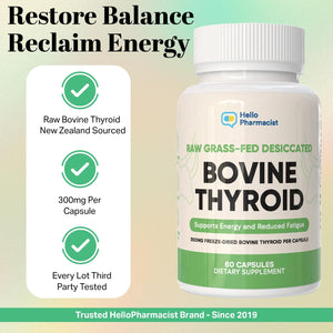 Raw Desiccated Bovine Thyroid 300Mg per Capsule - Energy & Metabolism Support - New Zealand Sourced, Grass Fed Freeze-Dried Glandular Bovine Beef Thyroid, Non-Gmo, Tested for Impurities - 60 Capsules