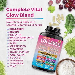 Collagen Supplement - Types I, II, III, V & X, MCG Biotin, Keratin, Hyaluronic Acid, Zinc, Grape Seed Extract, Quercetin, Vitamin A, Vitamin C, Vitamin E, Magnesium, Folic Acid(90 Capsules)