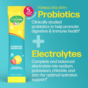 Culturelle® Kids Probiotics and Electrolytes Hydration Super Duo, Strawberry Lemonade, Sugar Free‡ Powder Packets for Immune and Digestive Support, 30 Count