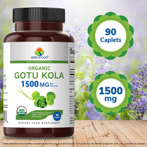 Brieofood Organic Gotu Kola 1500Mg, 45 Servings, Vegetarian, Gluten Free, 90 Vegetarian Tablets