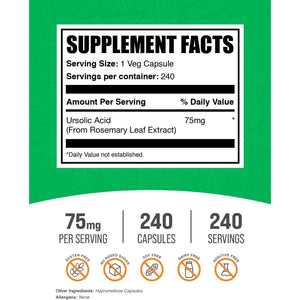 Bulksupplements.Com Ursolic Acid Capsules - Ursolic Acid Supplement, Sourced from Rosemary Leaf Extract - Vegan, 1 Capsule per Serving (75Mg), 240 Count (Pack of 1)