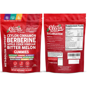 Sugar Savior Ceylon Cinnamon Berberine Gummies Apple Cider Vinegar Artichoke Turmeric Blueberry Ginseng Banaba Bitter Melon Black Pepper Vitamin D Zinc GLP1 Gummies 60 Count by Clean Nutra