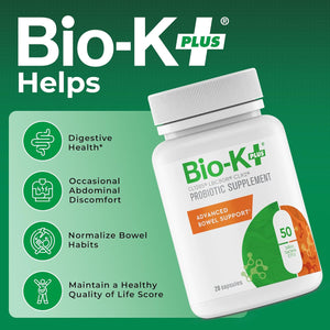 Bio-K+ Probiotic Advanced Bowel Support – 50 Billion CFU – Vegan, Gluten-Free, Non-Gmo – Supports Digestive Health & Regularity – for Men & Women – 20 Probiotic Capsules