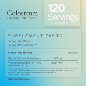 Prime Powders Colostrum Powder | Grass-Fed Bovine Colostrum with Akkermansia Probiotic 1B AFU | Microbiome & Gut Support | High Igg Advanced Formula | 120 Servings