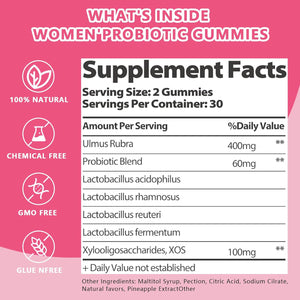 Feminine Vaginal Probiotics Gummies, Supports Ph Balance & Digestive Health, Slippery Elm for Women, Suagr-Free, Veagn, Pineapple Flavor, 60 Count