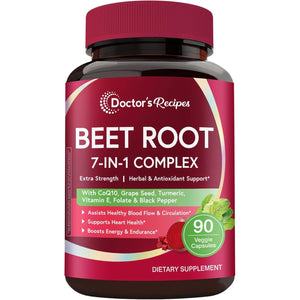 Doctor'S Recipes Beet Root Capsules, Beet Root Extract with Grape Seed, Coq10, Turmeric, Black Pepper for Enhanced Absorption, Supports Heart, Circulation, Energy & Nitric Oxide, Non-Gmo, 90 Veg Caps