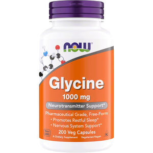 Now Foods Glycine 1000Mg, Free-Form Pharmaceutical Grade, Neurotransmitter Support*, Promotes Restful Sleep*, Gluten Free, Vegan, Kosher 200 Vegetarian Capsules (Pack of 1)