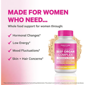 Pink Stork Beef Organ Supplement for Women | Grass-Fed Beef Liver Capsules with Iron, B12, Coq10, Vitamin a | Primal Multivitamin for Hormone + Energy Support | Clean Label Award Winner | 60 Capsules
