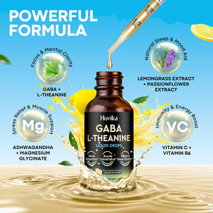 GABA L-Theanine Drops - Liquid GABA L-Theanine Supplement with L-Theanine, Ashwagandha, Magnesium Glycinate, Vitamin C, B6 - Support Sleep, Relaxation, Calm Mood & Focus - Lemon Flavor, 2 Fl Oz