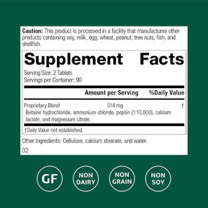 Standard Process Betaine Hydrochloride - Supplement for Gastrointestinal Ph Support - Supports Digestive Health & Iron Absorption - Gluten-Free, Non-Dairy & Non-Soy - 180 Tablets (90 Servings)