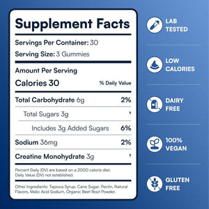Creatine Monohydrate Gummies - Supports Muscle Growth, Recovery & Brain Function - Convenient & Easy to Take - Great Tasting Watermelon Flavor - 1G per Gummy, Low Sugar - 90 Count
