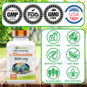 Tnvitamins L-Theanine Capsules 500 Mg per Serving, 180 Capsules | Calm Focus & Relaxation Support* | Helps Promote Stress Balance, Mental Clarity & Mood Support* | Non-Gmo, Made in USA