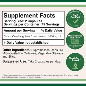 Double Wood Supplements Cissus Quadrangularis Super Extract, 150 Capsules (Non-Gmo, Gluten Free) Dietary Supplement for Joint and Tendon Health, 1000Mg Serving Size