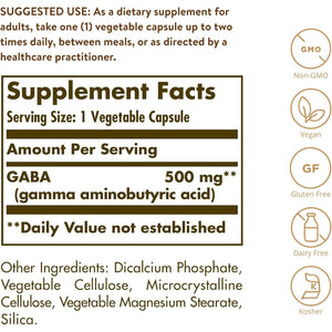 Solgar GABA 500 Mg, 100 Vegetable Capsules - Relaxation & Nervous System Support - Amino Acid - Non-Gmo, Vegan, Gluten Free, Dairy Free, Kosher - 100 Servings