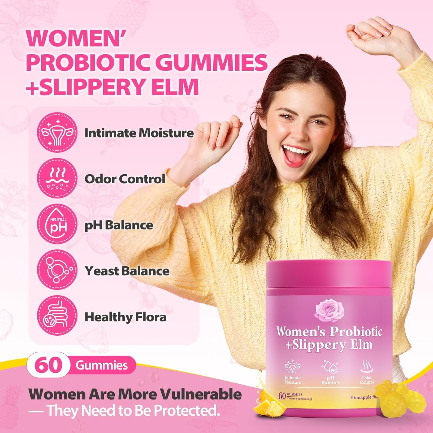 Her Juicy Feminine Probiotics Gummies with Slippery Elm Supports Ph Balance Gut Health & Immune System Promote Vaginal Health for Women 60 Pineapple Gummies