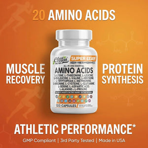 Clean Nutraceuticals Amino Acids Supplement L-Lysine, L-Threonine, L-Leucine, Isoleucine, Valine, L-Histidine, L-Tryptophan, L-Methionine, L-Arginine, L-Cysteine, L-Glutamine, L-Serine, Aspartic Acid